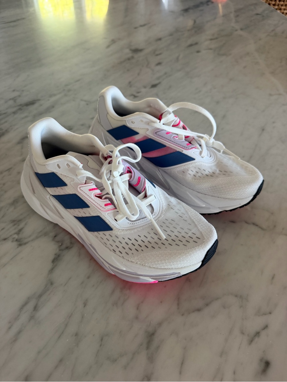 adidas White Sneakers with Blue Stripes and Pink Accents